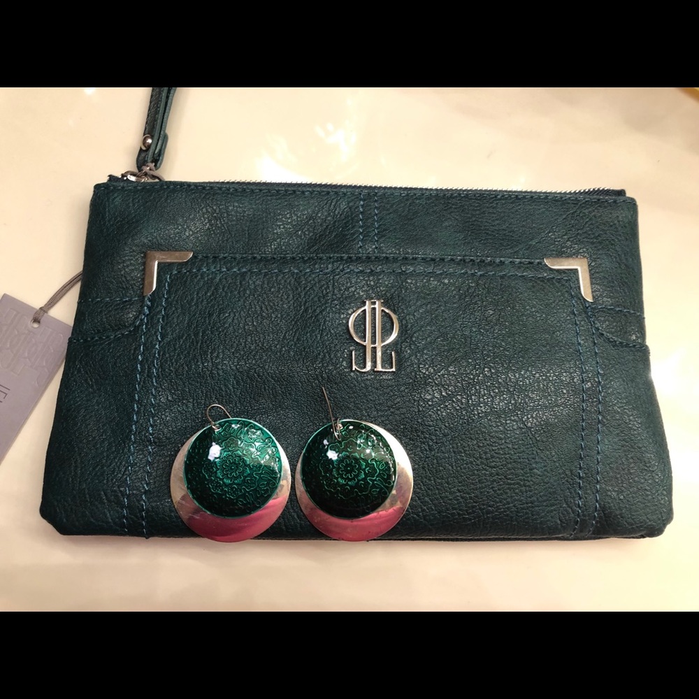 Emerald green Clutch bag and metal earrings.